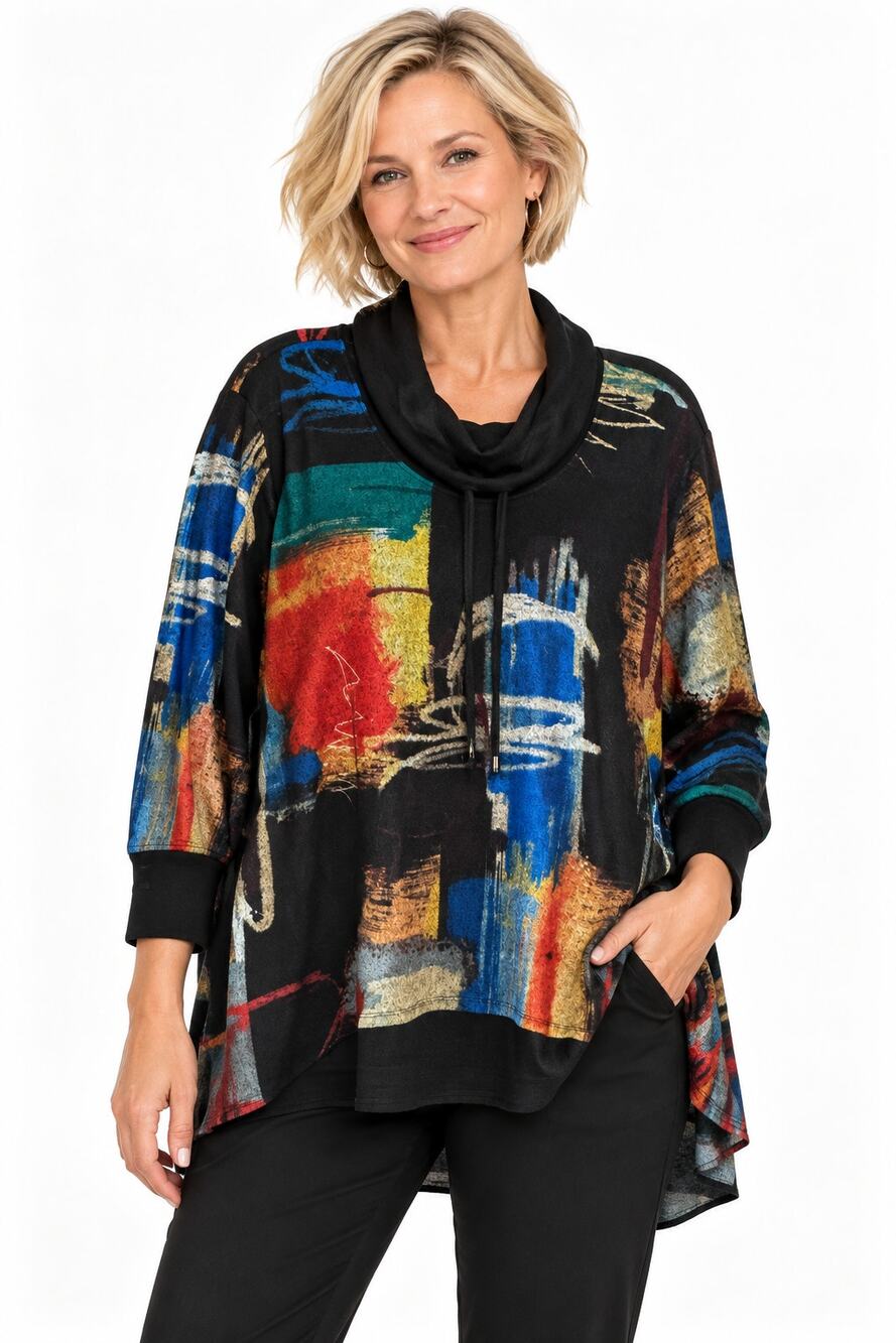Ali Miles Colorful Artsy Tunic Womens XL Black Funnel Neck Lagenlook Layered Top